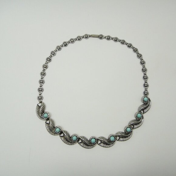 Necklace Blue Faux Turquoise Silver Tone Leaves Choker 16.5" - Picture 5 of 11